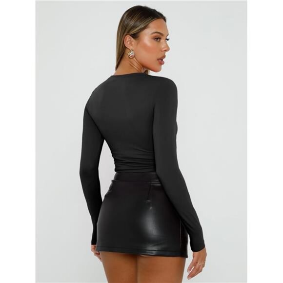 Womens Long Sleeve Shirts Basic Crop Tops Tight Slim Fit Teen Girls Fall Winter - Picture 4 of 7